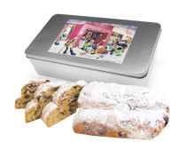 Christstollen in silbermatte, rechteckige Dose und 4-farbiger Digitaldruck auf Deckel.
